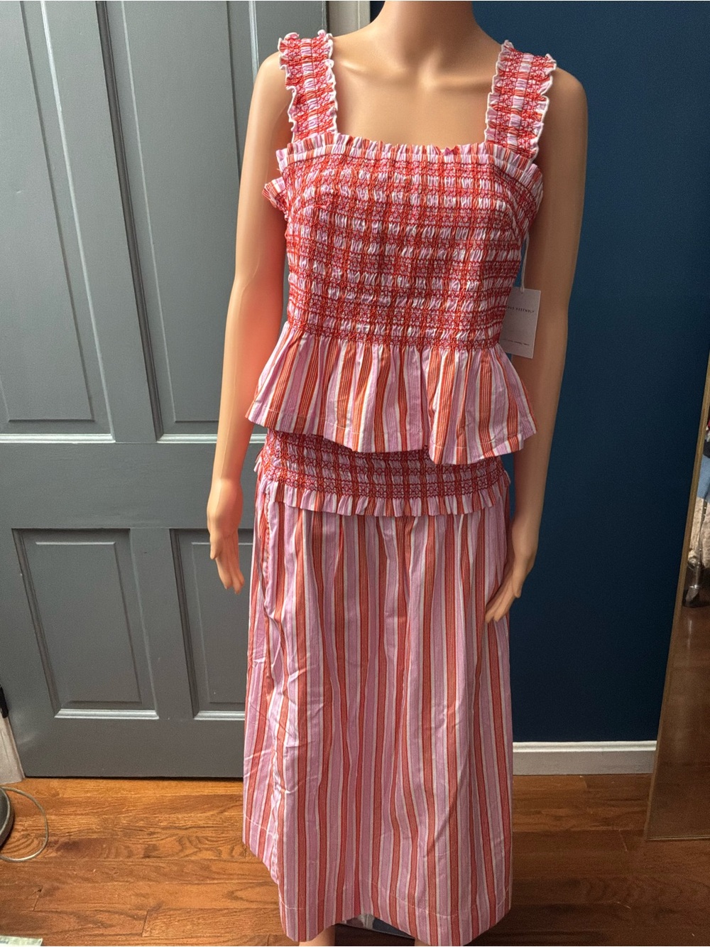 Striped Smocked Maxi Skirt Set in Coral Pink